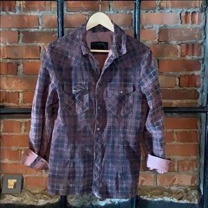 All Saints Suede Button Down Plaid Shirt